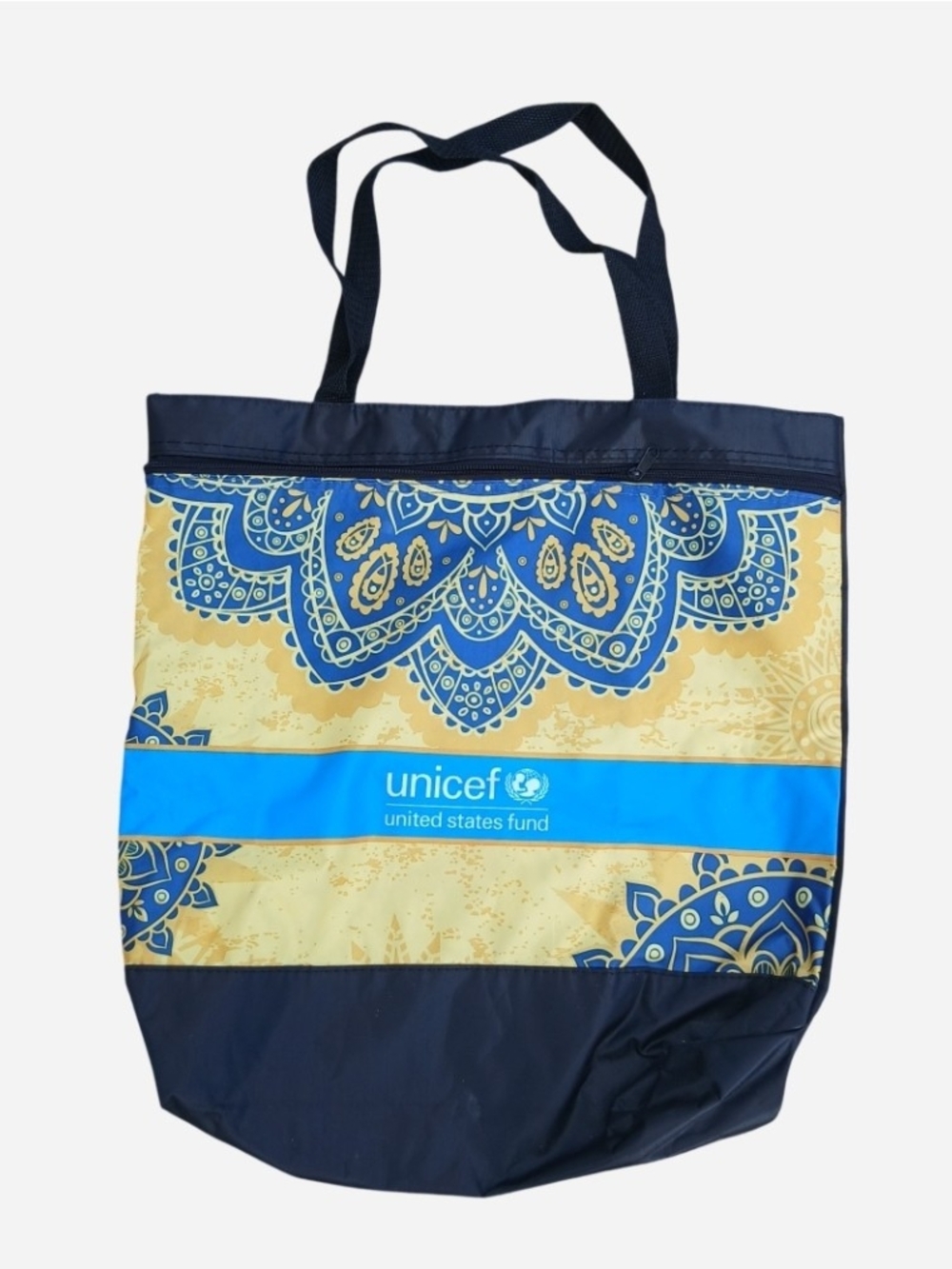 UNICEF Nylon Tote Bag Unites States Fund Zipper Front Pocket Paisley Pattern